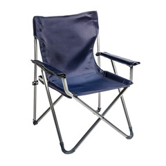 A blue folding chair with a white background.