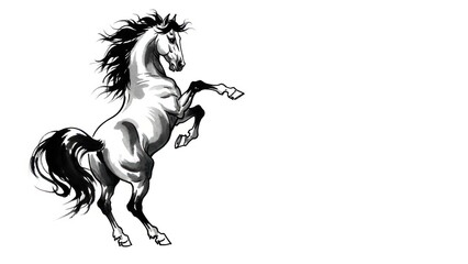 Majestic horse rearing, black and white illustration with copy space