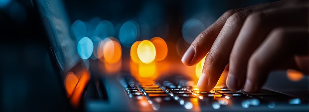 Person is using a laptop with a bright orange key, typing away with a sense of urgency and focus