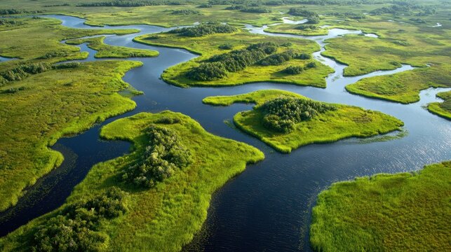 Serene aerial view of lush green wetlands and meandering river.