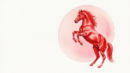 Majestic red rearing horse illustration, watercolor art of a powerful animal on textured background with ample copy space.