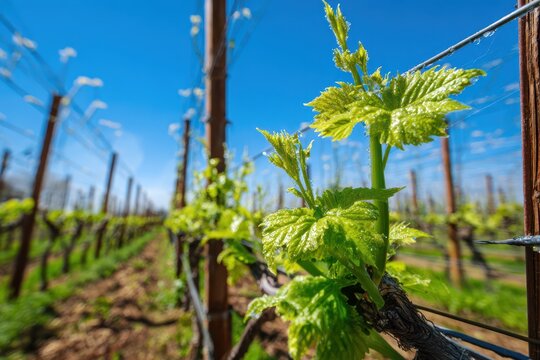 Vineyard in springtime: vibrant green shoots, delicate leaves, and radiant sunlight