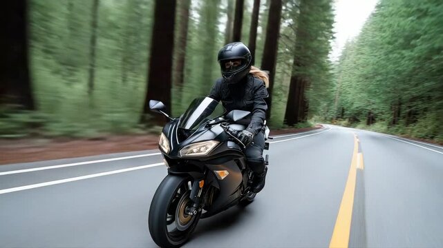 Skilled motorcyclist navigates serene forest road on a sportbike at high speed