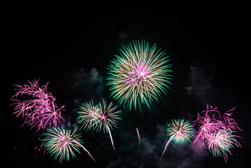 Fototapeta premium Firework. Colorful highlight set of fireworks showing on dark sky at night time for special celebration day. A spectacular night sky with a vibrant display of sparkling fireworks at Pattaya, Thailand