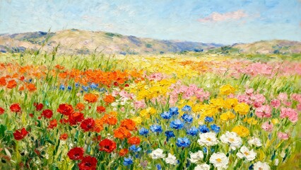 Obraz premium Vibrant field of colorful wildflowers under blue sky