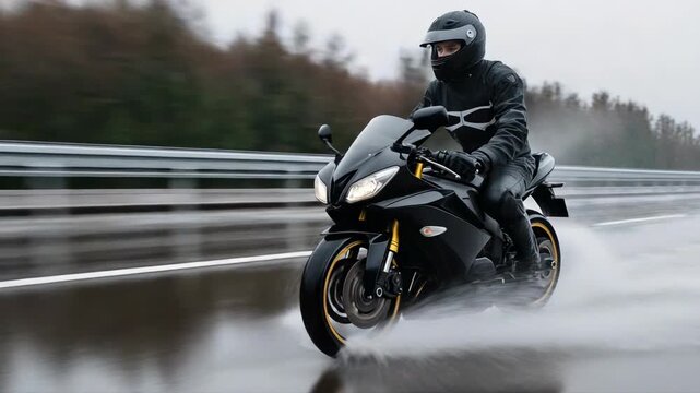 Motorcycle speeding on wet highway during rainy weather adventure