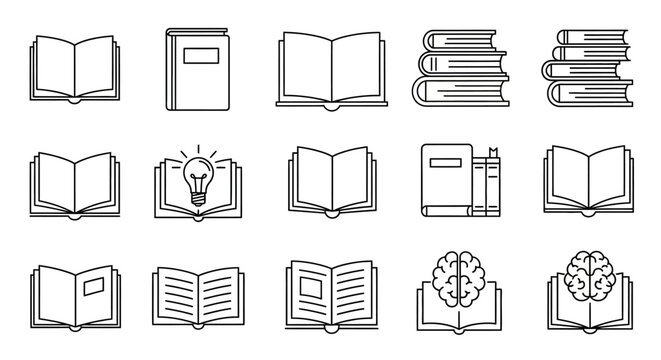 Collection of simple line icons representing various books and a brain, symbolizing knowledge, study, and mental growth, arranged neatly to convey education and learning.