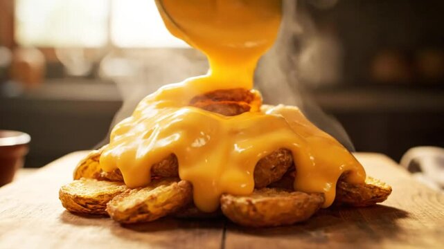 Delicious golden potato wedges piled high and covered in a luscious melted cheese sauce, ready to eat
