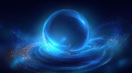 Obraz premium Glowing blue energy sphere with radiant rays and particle trails in an abstract cosmic scene