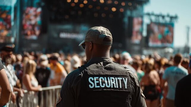 Security guard monitoring a large crowd at an outdoor music festival during the day, ensuring safety and public order at a summer concert event with stage and audience