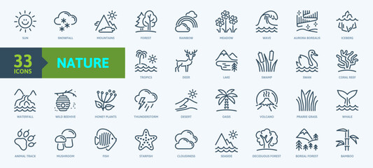 Outdoor icon set, a collection of simple linear symbols on the theme of nature, various natural phenomena, including icebergs, northern lights, deserts, rainbows, animals, and plants.