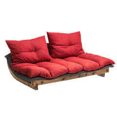 A red and black futon sofa with red cushions and a wooden frame.