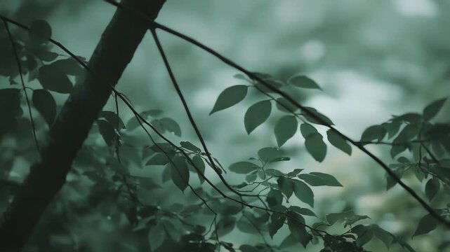 Lush green leaves on tree branches in a tranquil forest, soft diffused light highlighting tiny water droplets and delicate textures for a serene natural backdrop