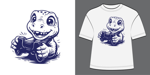 Cute smiling dinosaur playing video game controller. Vector illustration for t-shirt design, kids clothing, gamer merchandise, posters, stickers and prints.
