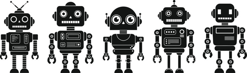 Robot silhouettes collection featuring cute and retro mechanical characters in various designs isolated on white background for technology, AI, and futuristic design projects