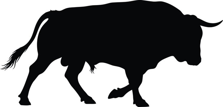 Black silhouette of a bull walking to the right on a white background