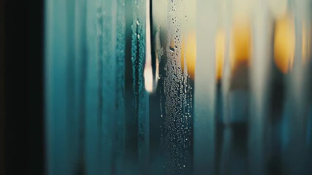 Close up blurring the boundary between cool and warm tones, showcasing a steamy glass pane covered with water droplets slowly dripping, creating a soft, atmospheric background