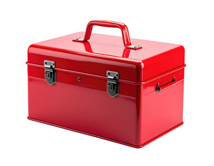Shiny red metal toolbox with a sturdy handle and two latches, isolated on black