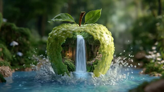 Green apple with a waterfall inside in a forest surrounded by water
