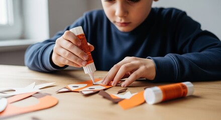 Young boy carefully gluing paper cutouts together on a wooden table, focusing on a craft project. This activity promotes creativity, fine motor skills, and engaging in a childhood hobby.