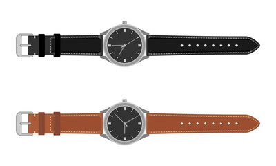 horizontal watch with leather strap, vector illustration isolated on white background.