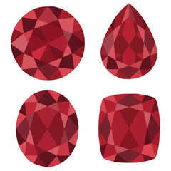 Set of four classic red gemstone cuts, flat vector illustration. Ruby and garnet jewelry design elements. Professional gemstone shape icons: round, pear, oval, cushion. Vivid red crystal faceted rubin