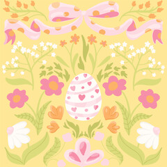 Easter egg with a pink ribbon on a yellow botanical floral background. Vector pattern illustration. Flat cute folk print.