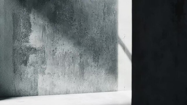 Concrete wall surface presenting a textured dark background with a narrow vertical strip of light illuminating the corner, casting subtle shadows on the rough cement
