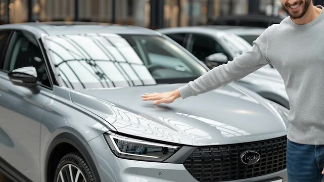 Happy young man giving thumbs up and gesturing towards a new silver car in a modern dealership showroom, buying a vehicle and customer satisfaction in automotive retail