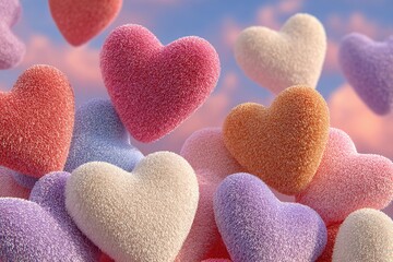 Obraz premium Seamless pattern with cute cream hearts and bold pink shadows scattered over a soft light blue background. Playful romantic design for Valentines themes, prints and decor