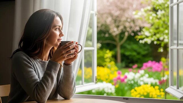 Serene Woman Holding a Steaming Mug of Coffee or Tea by Open Window Overlooking Garden