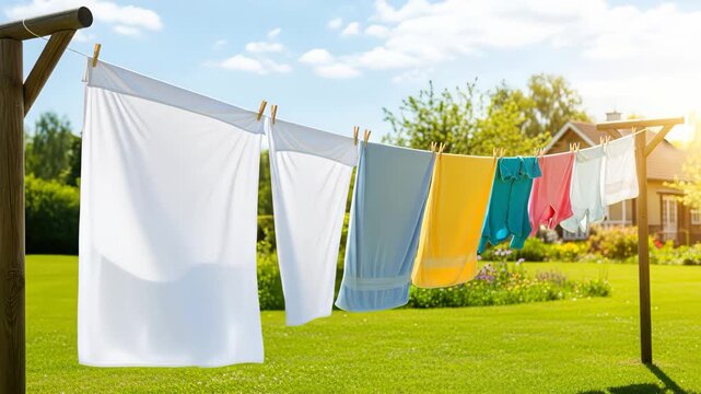 Various colored laundry hanging on outdoor clothesline in sunlight.
