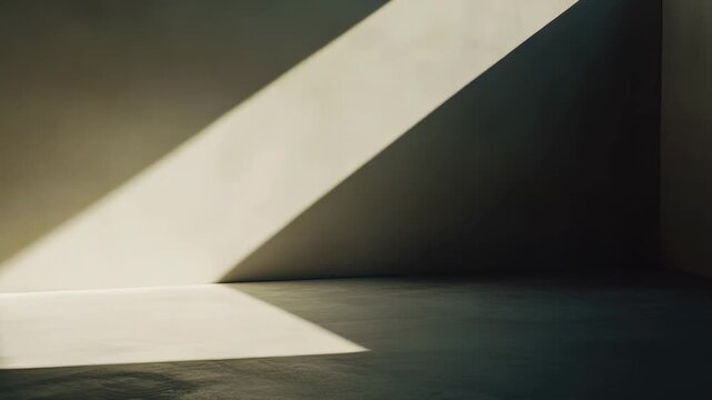 Empty room featuring a modern concrete floor and wall, illuminated by a sharp diagonal sunbeam creating a dynamic interplay of light and shadow, perfect for minimalist backgrounds or product display