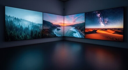 Corner room with three screens displaying nature scenes forest, ocean, desert, night sky