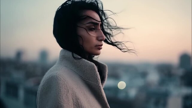 Portrait of Iranian woman standing in wind with hair blowing. Concept of identity, inner strength and struggle against social restrictions