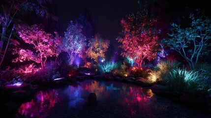 Naklejka premium Enchanting nocturnal garden with vibrant illuminated trees and reflective pond.