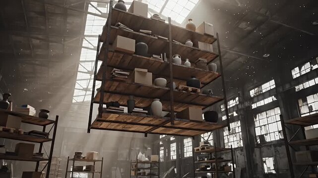 Warehouse shelving units with boxes and objects floating in an industrial space with natural light pouring in