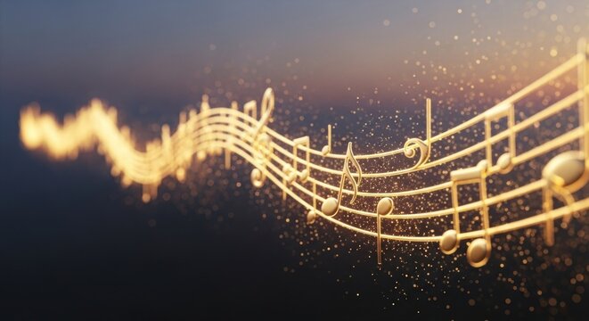 Golden music notes and staff flowing through a sparkling atmosphere against a dark background