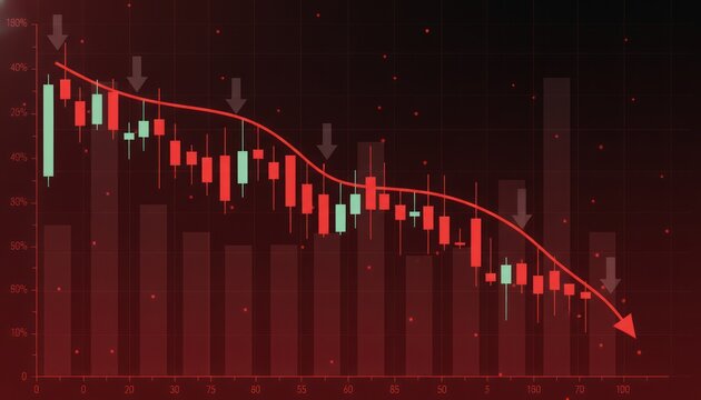 Stock market crash decline graph with red and green candlesticks on dark background night