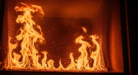 Fototapeta premium Intense flames dance within a dark, rectangular space, illuminating textured walls