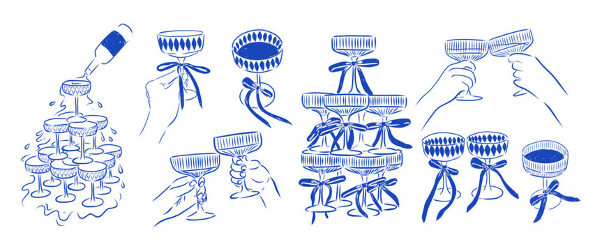 Hand-drawn champagne coupe glasses illustrations.Features stacked glasses, champagne tower, clinking glasses, hands holding coupes, ribbon-decorated glasses, and celebratory drink elements.