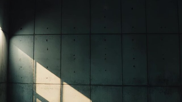Sunlight streams through a window, casting strong, sharp geometric shadows onto a textured, patterned concrete wall, highlighting rough surface details and creating an abstract composition