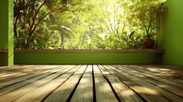 Calm outdoor space featuring wooden planks, a green living wall, and tropical garden in the distance