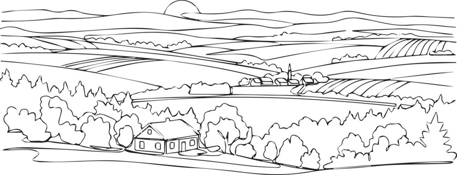 Create Rural landscape continuous one line vector drawing. Lake house in the woods hand drawn silhouette. Country nature panoramic sketch. Village minimalistic contour illustration