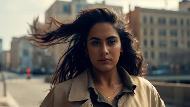 Woman standing outdoors with wind blowing her hair. Concept of Iranian women, freedom, identity and silent resistance