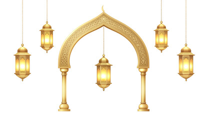 Obraz premium Golden archway with hanging illuminated lanterns visible against a white backdrop in a decorative arrangement for holy month of ramadhan 