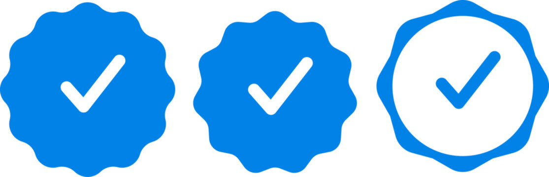 Set of blue verification badges, designed for social media account authentication. Featuring scalloped edges and varying stroke thicknesses for added security