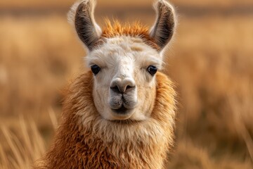Obraz premium Portrait of a curious llama with soft fur under golden light