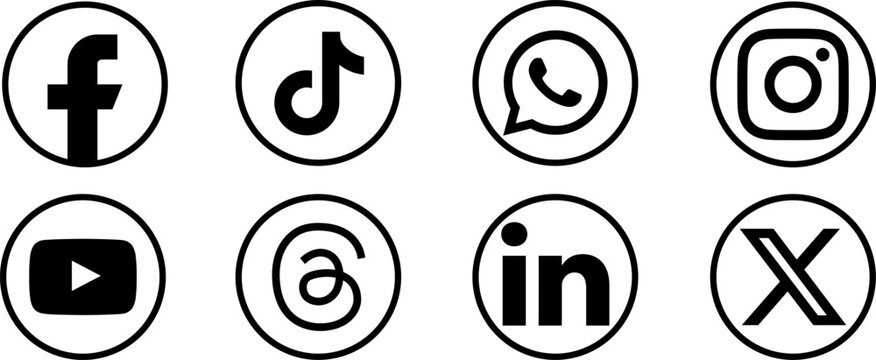 Popular social media logos framed in thin black circular borders. Includes Facebook and Instagram icons for clean web design. Vector elements ideal for footers and digital branding projects