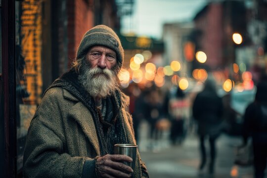 Portrait of a Street Panhandler in a Vibrant Downtown Corridor, Coat, Cup, and Quiet Dignity